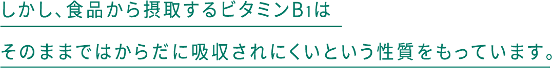 しかし、食品から摂取するビタミンB1はそのままではからだに吸収されにくいという性質をもっています。