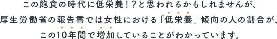 この飽食の時代に低栄養！？と思われるかもしれませんが、厚生労働省の報告書では女性における「低栄養」傾向の人の割合が、この10年間で増加していることがわかっています。