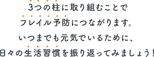 3つの柱に取り組むことでフレイル予防につながります。いつまでも元気でいるために、日々の生活習慣を振り返ってみましょう！