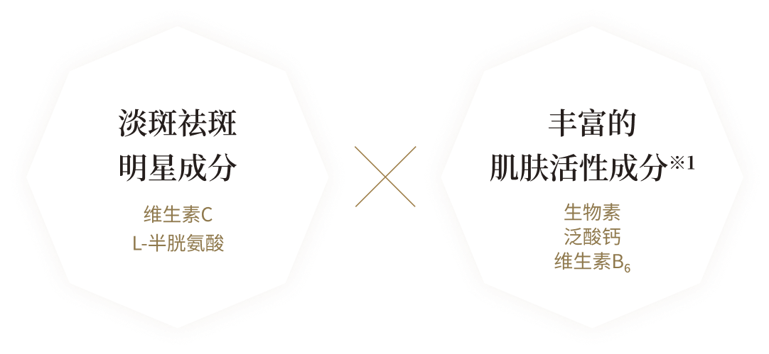 淡斑祛斑 明星成分 维生素C L-半胱氨酸 丰富的 肌肤活性成分※1 生物素
泛酸钙 维生素B6