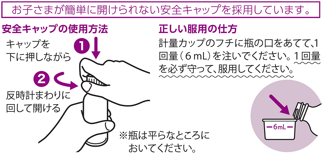 お子さまが簡単に開けられない安全キャップを採用しています。